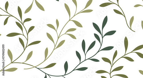 A delicate pattern of green and olive branches with leaves on a white background.
