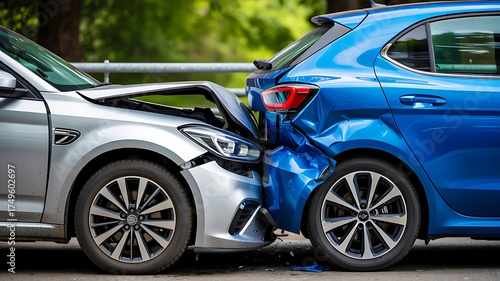 Fototapeta Naklejka Na Ścianę i Meble -  Car accident collision between two vehicles on city street showing damaged bumpers and crushed metal after rear end crash
