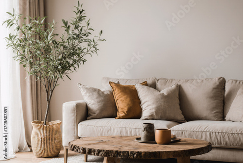 Autumn zen-inspired living room with olive tree decor, rustic wood textures, and warm natural light creating serene ambiance