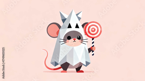 Illustration Of A Little Mouse Wearing A Ghost Costume Carrying A Lollipop Vector Design Template