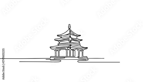 Single line drawing in modern minimalist style of traditional Chinese temple architecture on white background with copy space
