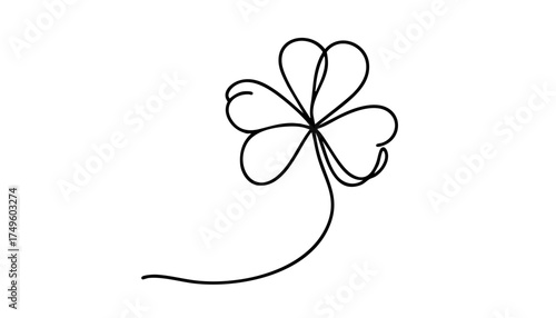 Single line drawing in modern minimalist style of clover leaf on white background with copy space