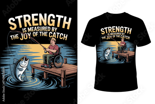 Vector art of a disabled angler on a pier with a jumping fish for a t-shirt, with the text "Strength is measured by the joy of the catch."