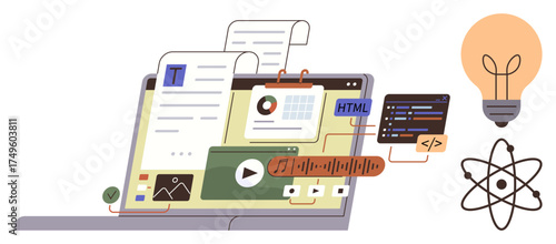 Laptop displaying code, text, graphs, and multimedia elements. Atom and lightbulb icons suggest innovation and learning. Ideal for education, coding, technology, content creation multimedia