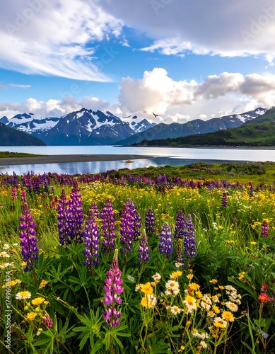 Alpine Meadow Blooms Under Snowy Peaks.