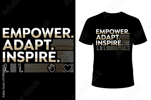 Vector art of empower adapt inspire text graphic with minimalist icons and lines, presented as a tshirt design on a and a separate tshirt mockup