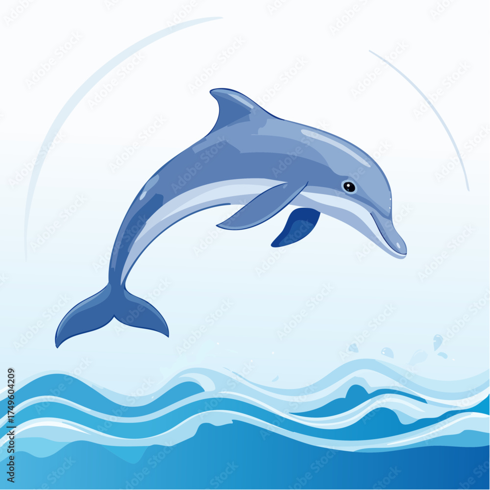 Obraz premium Cartoon dolphin jumping over waves against a white background