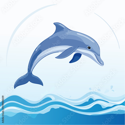 Cartoon dolphin jumping over waves against a white background