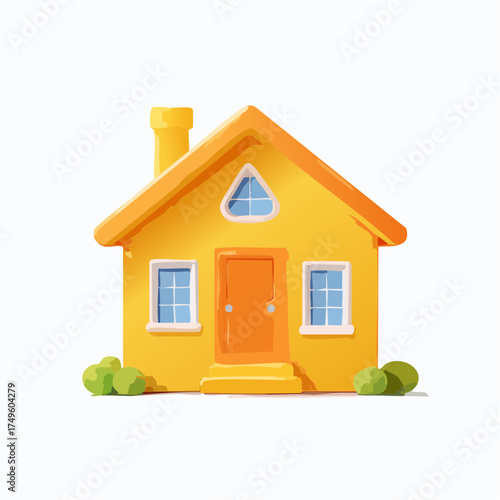 Cartoon house illustration bright yellow home with orange door and chimney