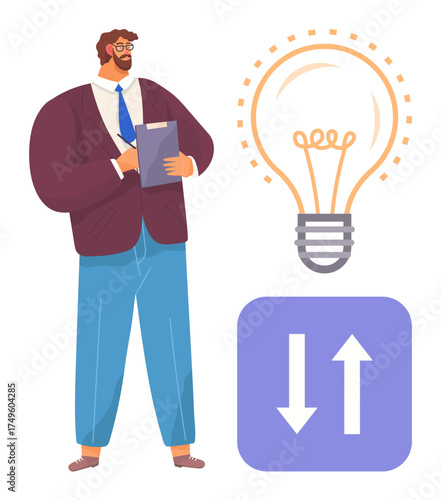 Man in formal attire holding clipboard beside light bulb and up-down arrows. Ideal for innovation, strategy, brainstorming, decision-making, creativity, business planning, leadership. Simple flat