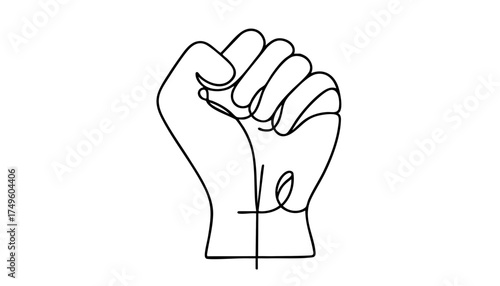 Single line drawing in modern minimalist style of feminist power fist symbol on white background with copy space