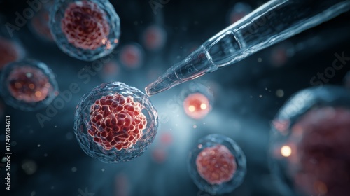 Close - up view of transparent cells with red internal structures, a pipette approaching one cell, set against a dark background with glowing elements, indicative of scientific or biomedical research.