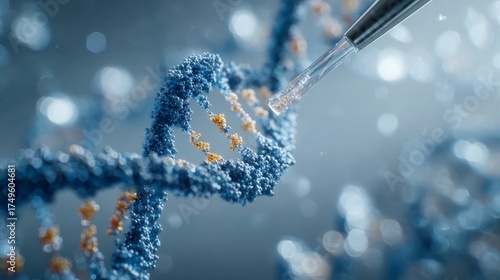 Close - up of a DNA double helix with a pipette adding liquid, representing genetic research or biotechnology.