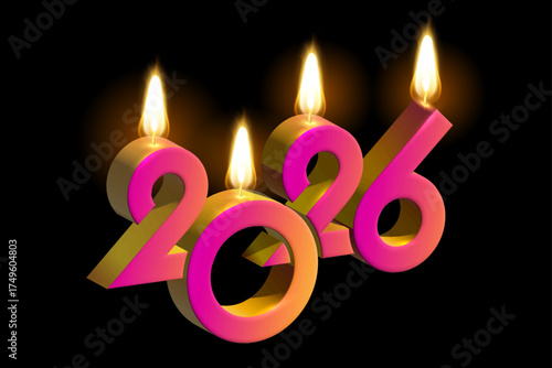 2026 Happy New Year banner, 2026 lit candle 3D colorful numbers with fire, Merry Christmas, Festive holiday card, invitation on black background, copy space for your text, vector illustration
