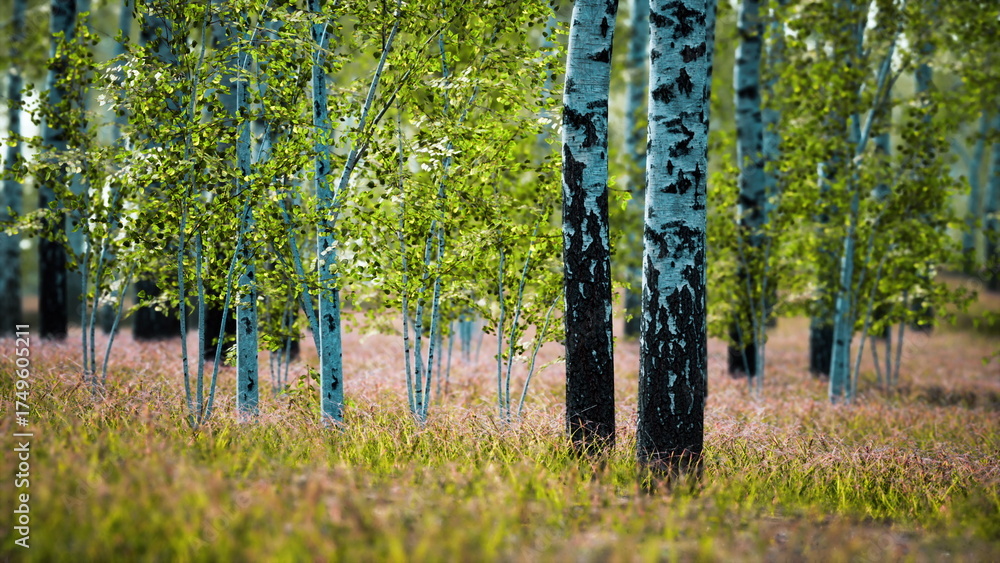 Fototapeta premium Golden sunlight filters through a lush grove, illuminating slender trees with striking green leaves. The serene atmosphere invites peaceful exploration among tall grasses and gentle shadows.