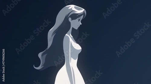 Elegant Anime Woman in White Dress with Flowing Hair.