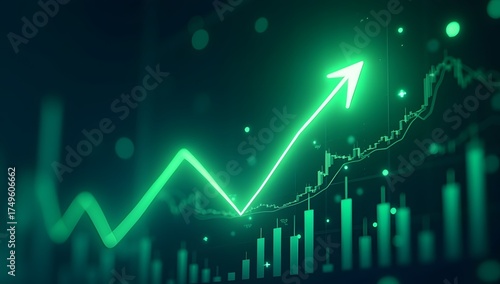 A dynamic visualization of financial growth through futuristic and photorealistic imagery showing rising markets and cryptocurrency success. AI Generated.