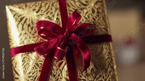 Elegant Gold Gift with Red Ribbon - A Festive Celebration.
