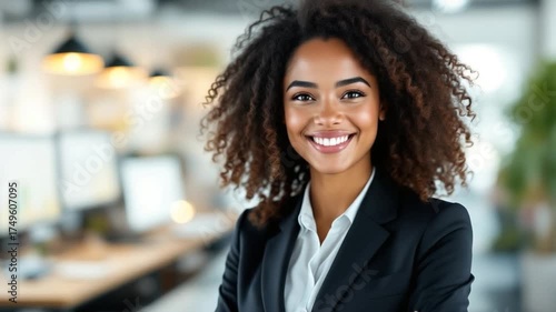 Confident Businesswoman Smiling in Modern Office Environment, Professional and Successful.
