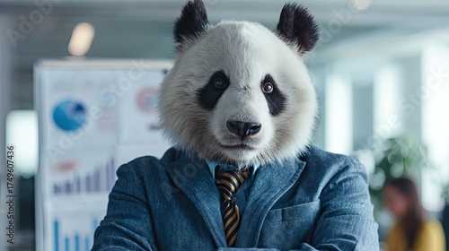 Man with a panda head in a business suit in an office setting. Creative concept for corporate identity or unique marketing.