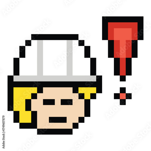 Cartoon pixel 8 bit character engineer man safety worker industry exclamation mark fix 8 bit male boy male construction safety vector.