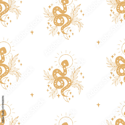 Mystical Seamless Pattern with Golden Snake with Sun, Moon and Plants Leaves. Elegant Repeating  Hand Drawing