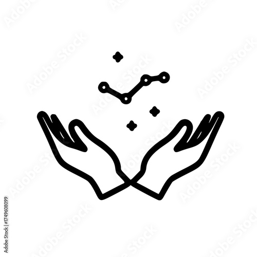Celestial constellation icon above open hands representing universe guidance and cosmic balance