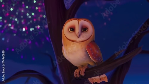 Enchanting Barn Owl Perched on Branch in Nighttime Scene.