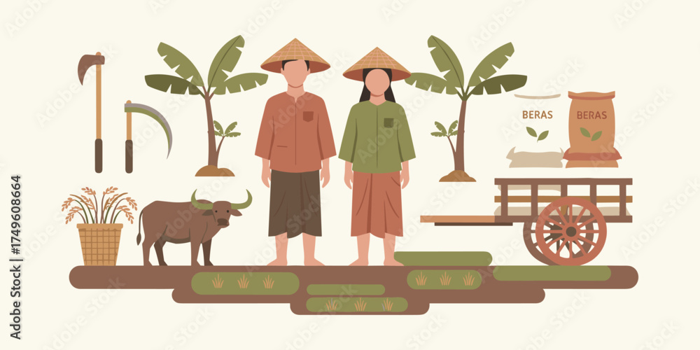 Fototapeta premium Traditional Asian Rice Farming Scene with Farmers and Agricultural Elements – A Flat Vector Illustration Depicting Rural Life, Harvest, and Essential Farm Tools and Livestock