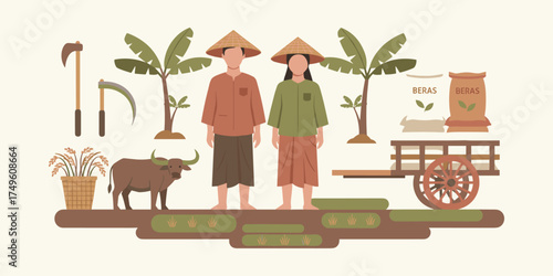 Traditional Asian Rice Farming Scene with Farmers and Agricultural Elements – A Flat Vector Illustration Depicting Rural Life, Harvest, and Essential Farm Tools and Livestock