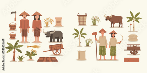 Collection of flat vector illustrations depicting traditional Southeast Asian farming life.