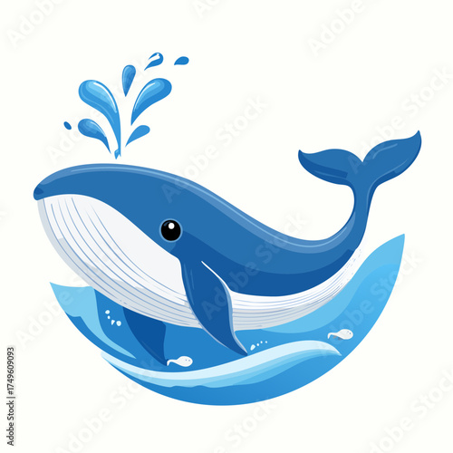 Blue cartoon whale spouting water waves isolated on white background