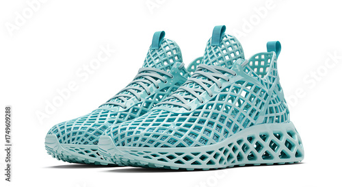 3D printed sneakers mockup, futuristic lattice design, isolated on white b ackground