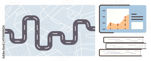 A winding road on a map, a data chart with progress visualization, and stacked books. Ideal for strategy, planning, education, growth, navigation analysis and learning. Simple flat metaphor