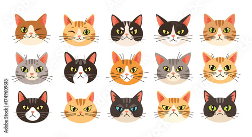 A collection of adorable pixel art cat faces with various emotions and colors.
