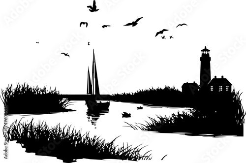 ocean, ship, sky, water, architecture, boat, building, landmark, landscape, sea, travel, silhouette, navigation, skyline, beacon, illustration, light, sun, vessel, white, black, cloud, europa, evening
