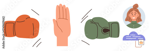 Boxing gloves paused by a raised hand signify stopping conflict, accompanied by a smiling avatar and data cloud. Ideal for teamwork, negotiation, communication, leadership, problem-solving