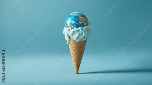 Fototapeta Naklejka Na Ścianę i Meble -  Melting earth scoop on waffle cone with blue cream drip symbolizes climate change and environmental urgency, surreal food concept evoking concern and fragile planet emotion