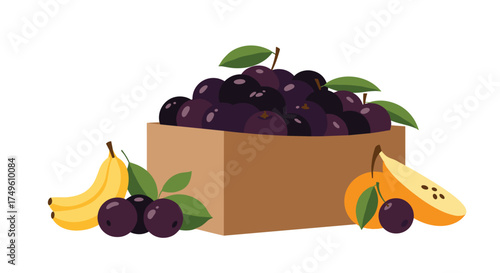 A bountiful harvest of fresh fruits featuring dark berries bananas and sliced yellow pears.