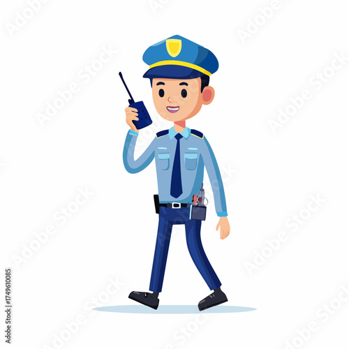 Cartoon police officer with radio communication on white background
