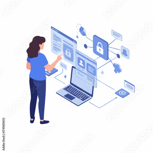 Isometric Style Detailed Woman Managing Security System Online Illustration