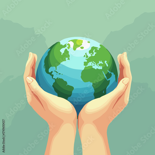 Two cupped hands gently cradling a vibrant, illustrated globe of Earth, symbolizing care and protection for our planet.