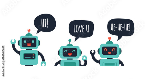 Three cute cartoon robots expressing different emotions and messages to each other.