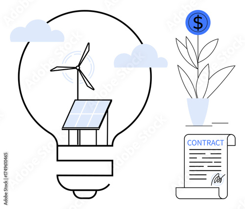 Solar panel and wind turbine inside lightbulb with clouds, contract paper, money plant. Ideal for sustainability, renewable energy, eco-business, financial growth, innovation, clean energy future