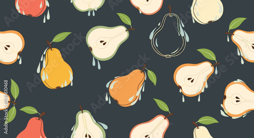 A repeating pattern of sliced and whole pears with dripping juice on a dark background.