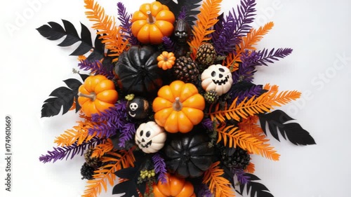 Vibrant arrangement of decorative pumpkins and foliage in orange, black, and purple hues, showcasing a festive Halloween theme with playful elements and rich textures