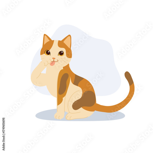 calico cat licking paw cute brown and white kitten sitting flat design cartoon character