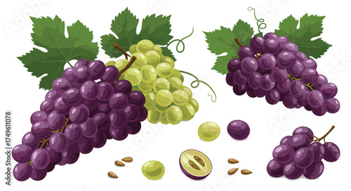 A collection of ripe grapes with green leaves and scattered seeds.