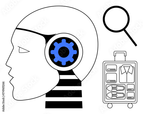 Head with highlighted gear for thinking, magnifying glass, and organized suitcase symbolizing planning, creativity, travel, problem-solving, organization, research and artificial intelligence. A