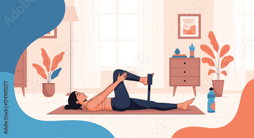 Woman stretching her leg with a resistance band during an at home workout session.